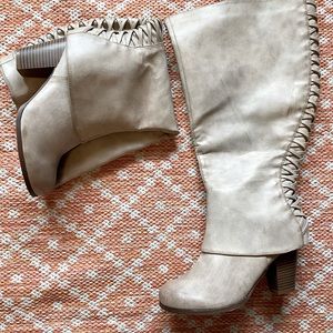 Tan Faux Laced-Up Heeled Boot